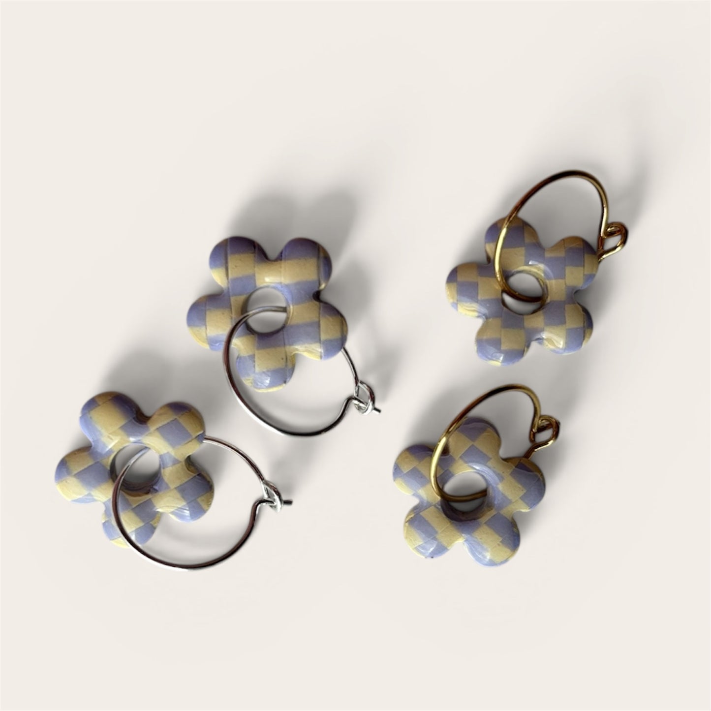 Lilac Yellow Checkerboard Flower Hoops