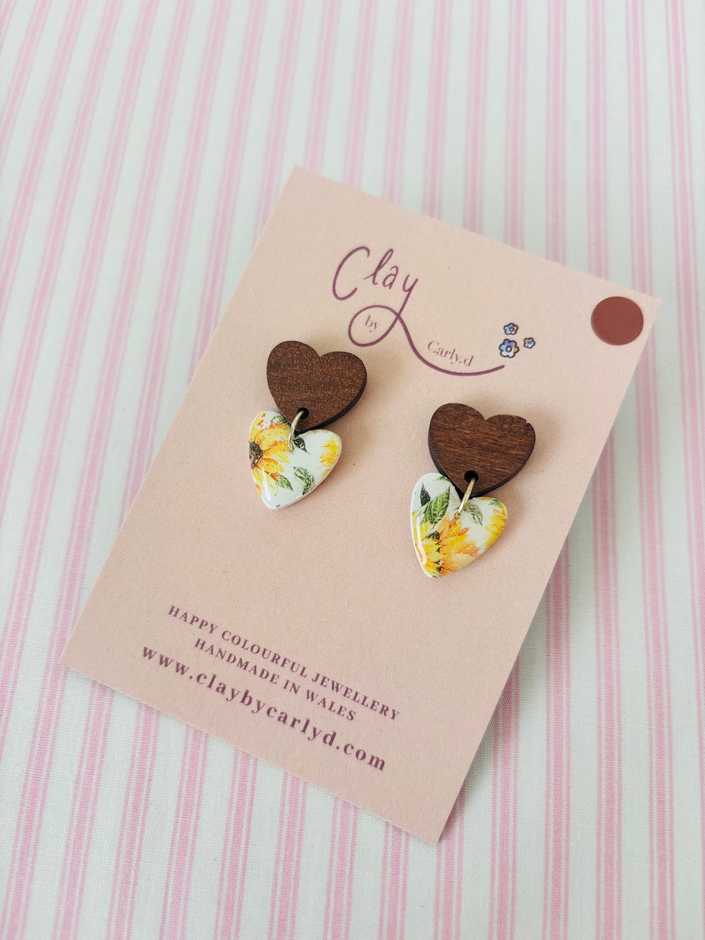 Wooden Sunflower Heart Studs