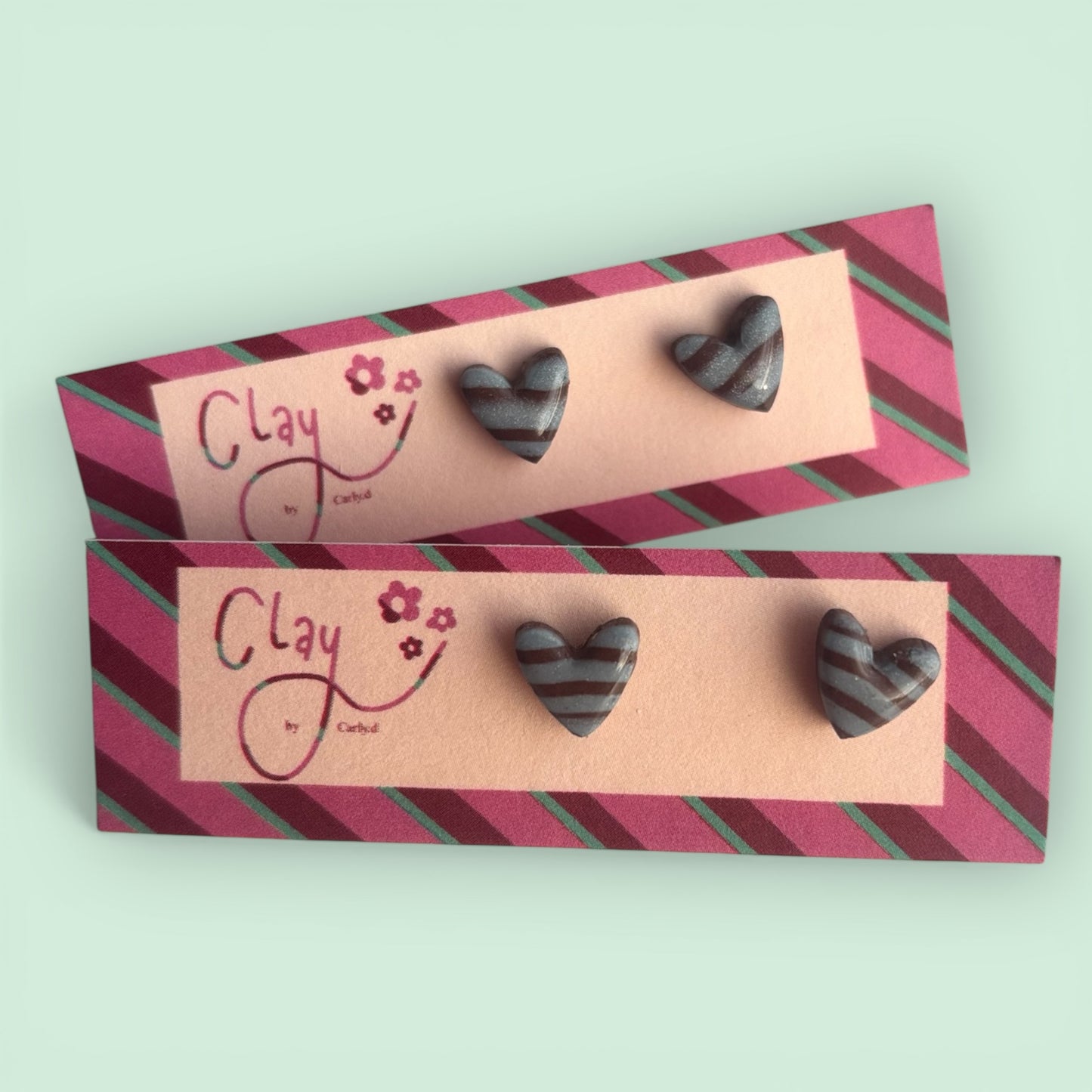 Blue Chocolate Stripe Heart Studs