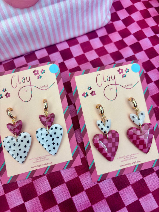 Checkerboard Double Heart Huggies