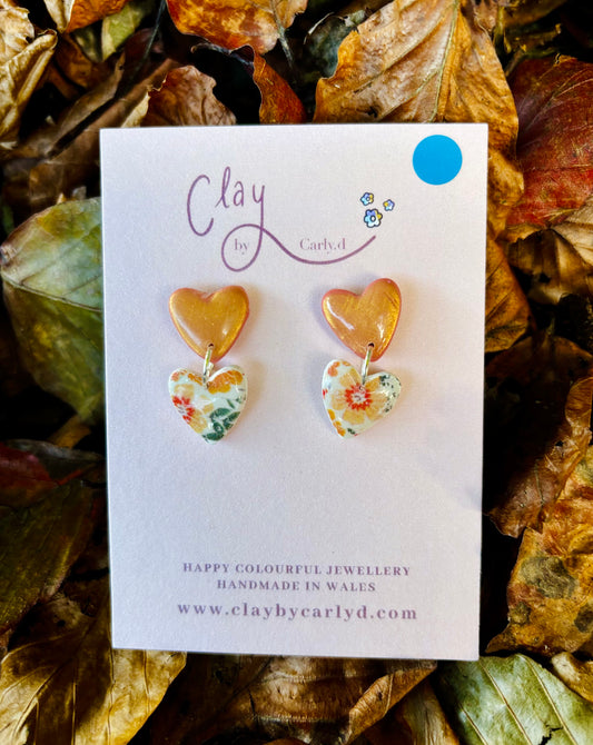 Autumn Floral Double Heart Studs