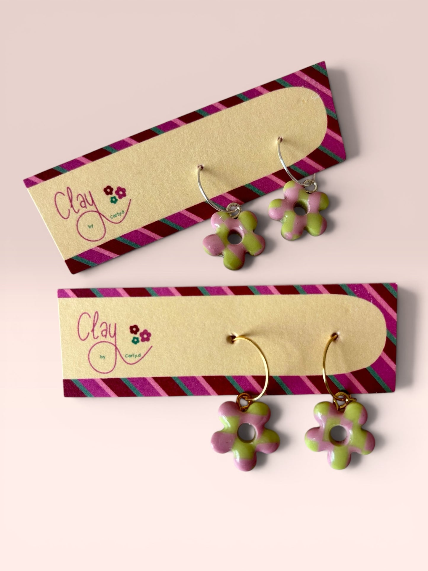 Pink/Green Checkerboard Daisy Hoops