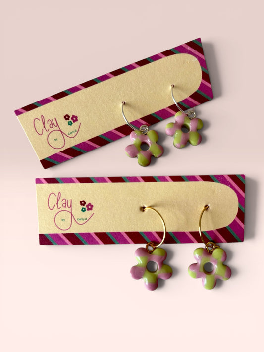 Pink/Green Checkerboard Daisy Hoops