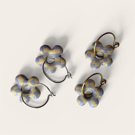 Lilac Yellow Checkerboard Flower Hoops