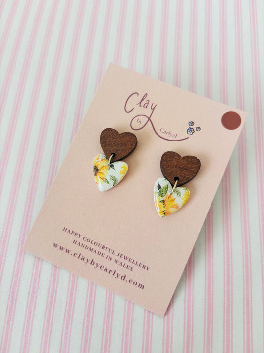 Wooden Sunflower Heart Studs