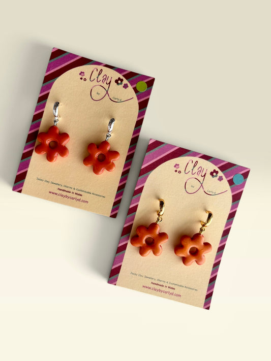 Burnt Orange Flower Huggie Hoops