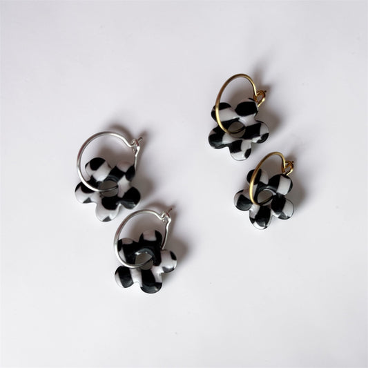 Monochrome Checkerboard Flower Hoops