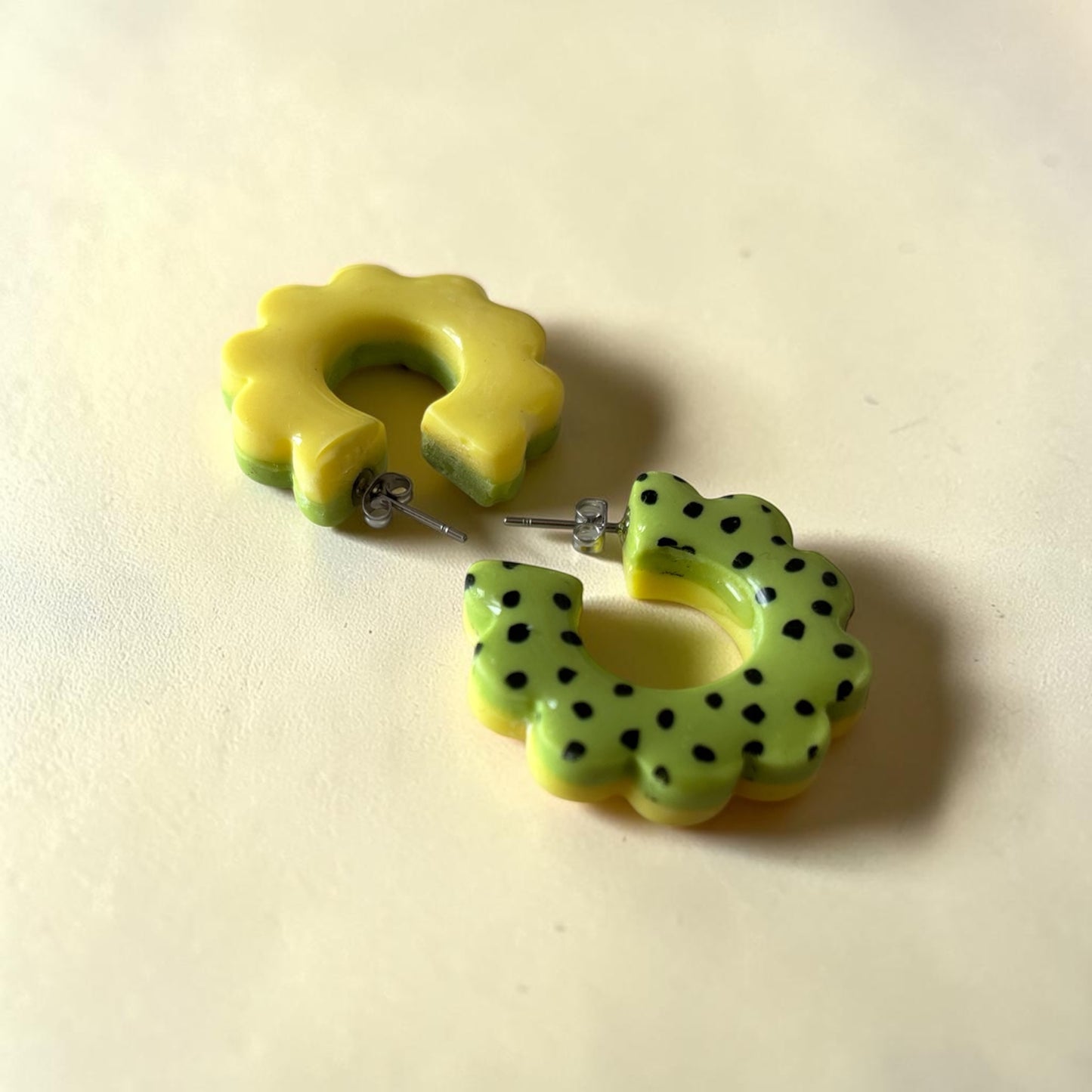 Frilly Dotty Hoops - Green/Lemon